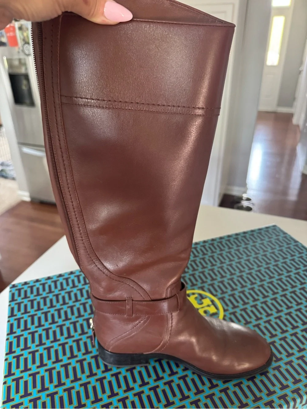 Tory Burch Brown Leather Tall Riding Boots with Gold Logo